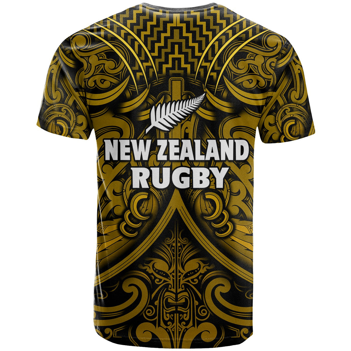 New Zealand Silver Fern Rugby T Shirt All Black Gold NZ Maori Pattern LT13 - Polynesian Pride