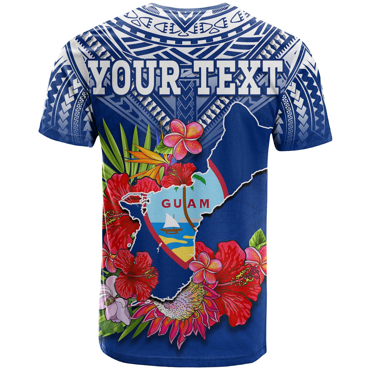 Custom Guam Chamorro T Shirt Guaman Latte Stone Tropical Flowers Blue Version LT14 - Polynesian Pride