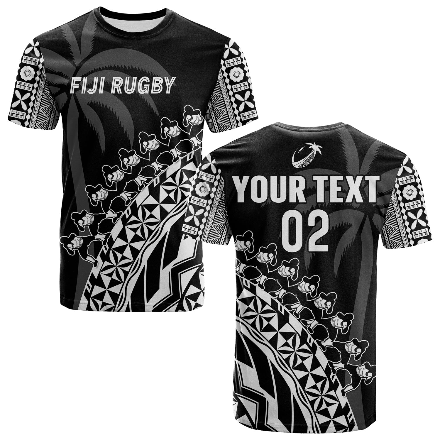 (Custom Text and Number) Fiji Rugby T Shirt Fijian Cibi Dance Tapa Pattern Black LT14 Adult Black - Polynesian Pride