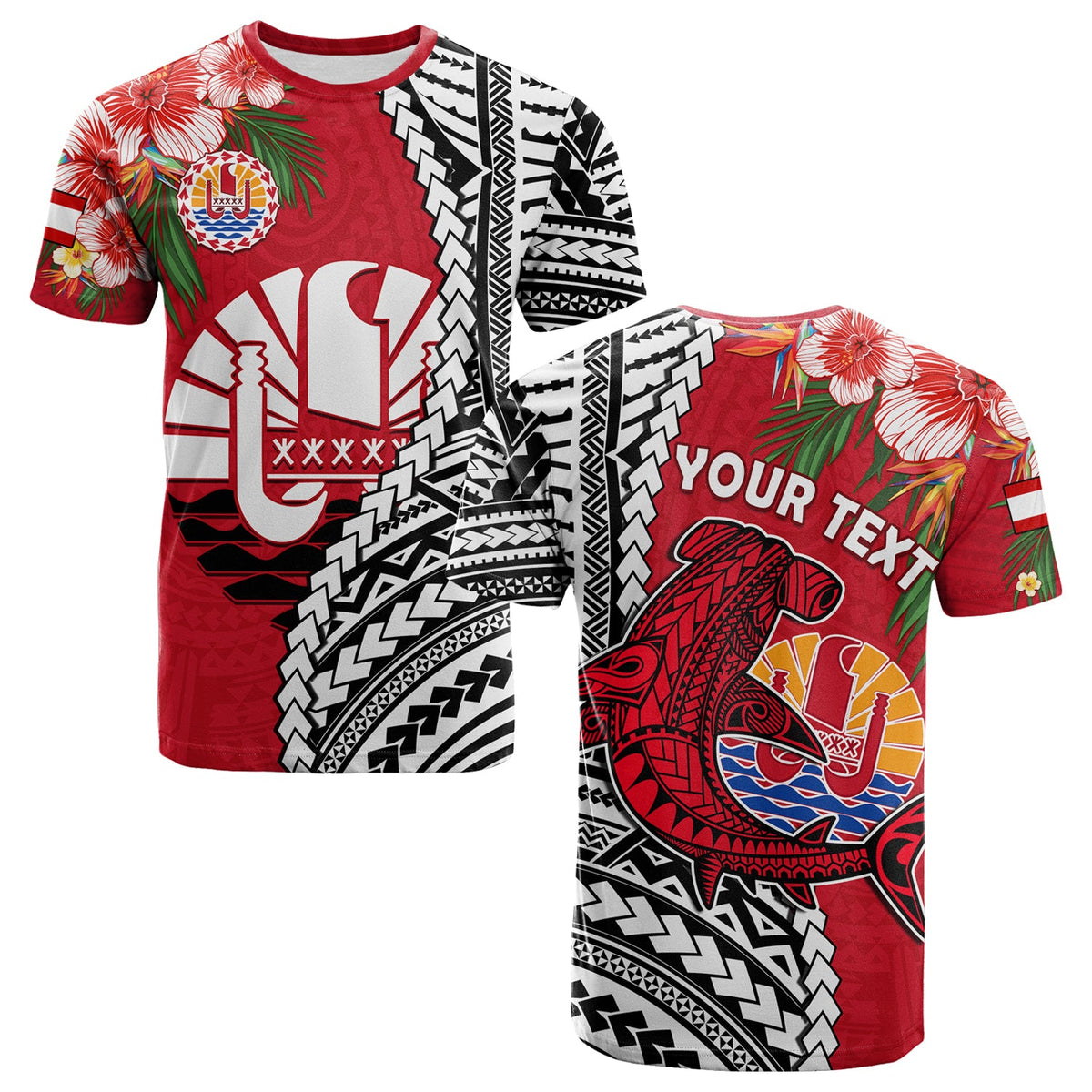 Custom Tahiti Islands T Shirt Polynesian Shark Mix Tropical Flowers LT14 Adult Red - Polynesian Pride