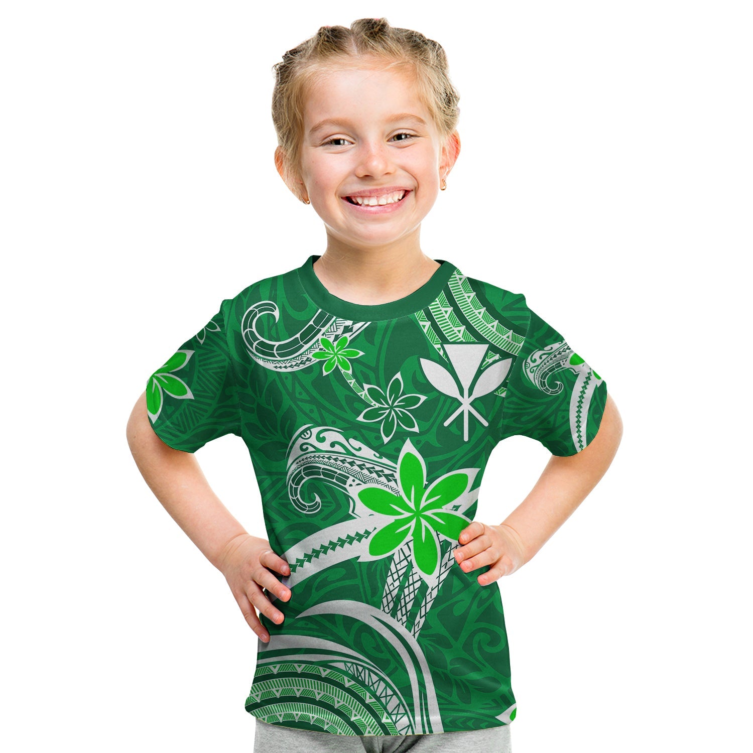 (Custom Personalised) Hawaii Flowers Wave T Shirt KID Kanaka Maoli Green Polynesian LT13 Youth XL Size14 - Polynesian Pride