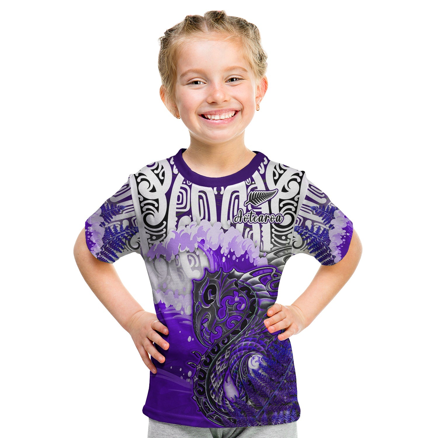 (Custom Personalised) Manaia Maori T Shirt KID Fern Aotearoa Purple Waves LT13 Youth XL Size14 - Polynesian Pride