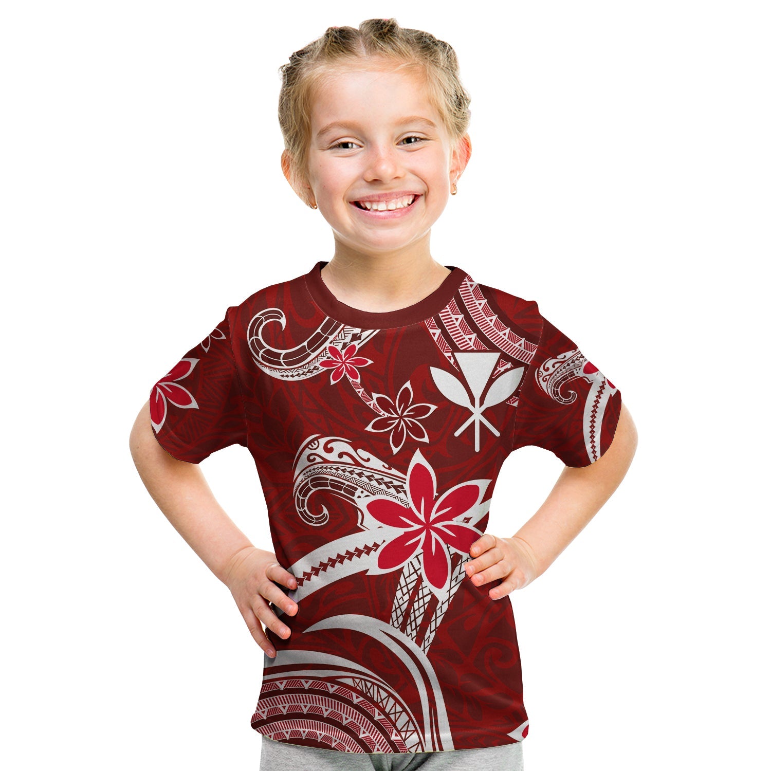 (Custom Personalised) Hawaii Flowers Wave T Shirt KID Kanaka Maoli Red Polynesian LT13 Youth XL Size14 - Polynesian Pride