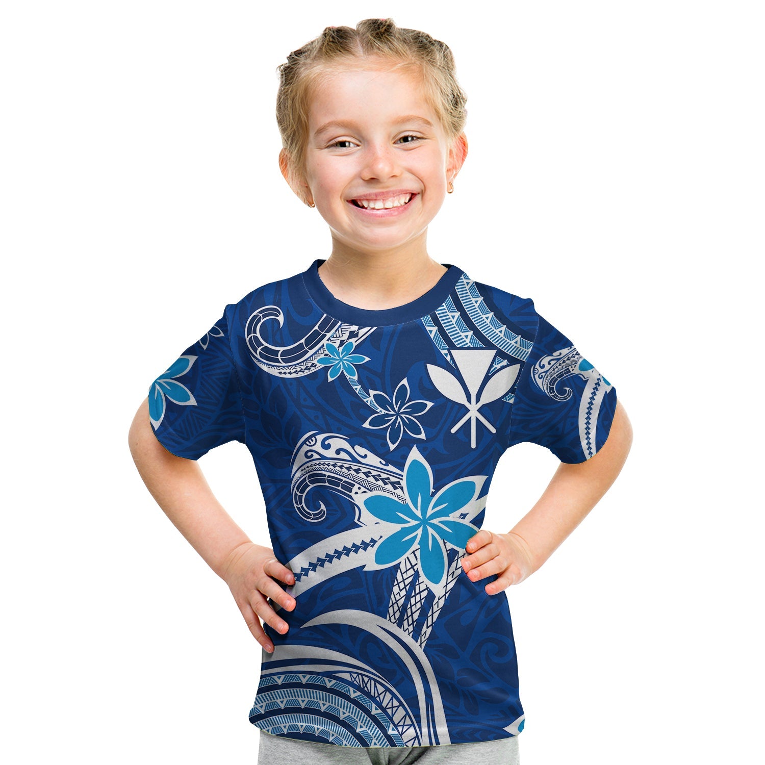 (Custom Personalised) Hawaii Flowers Wave T Shirt KID Kanaka Maoli Blue Polynesian LT13 Youth XL Size14 - Polynesian Pride