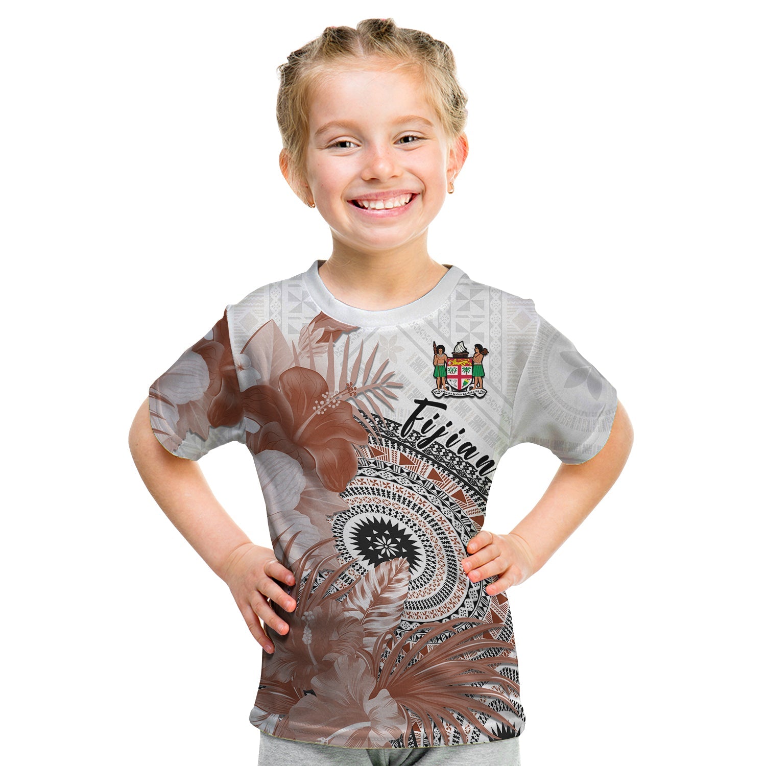 Fiji Tapa T Shirt KID White Fijian Masi Be Loved Hibiscus LT13 - Polynesian Pride