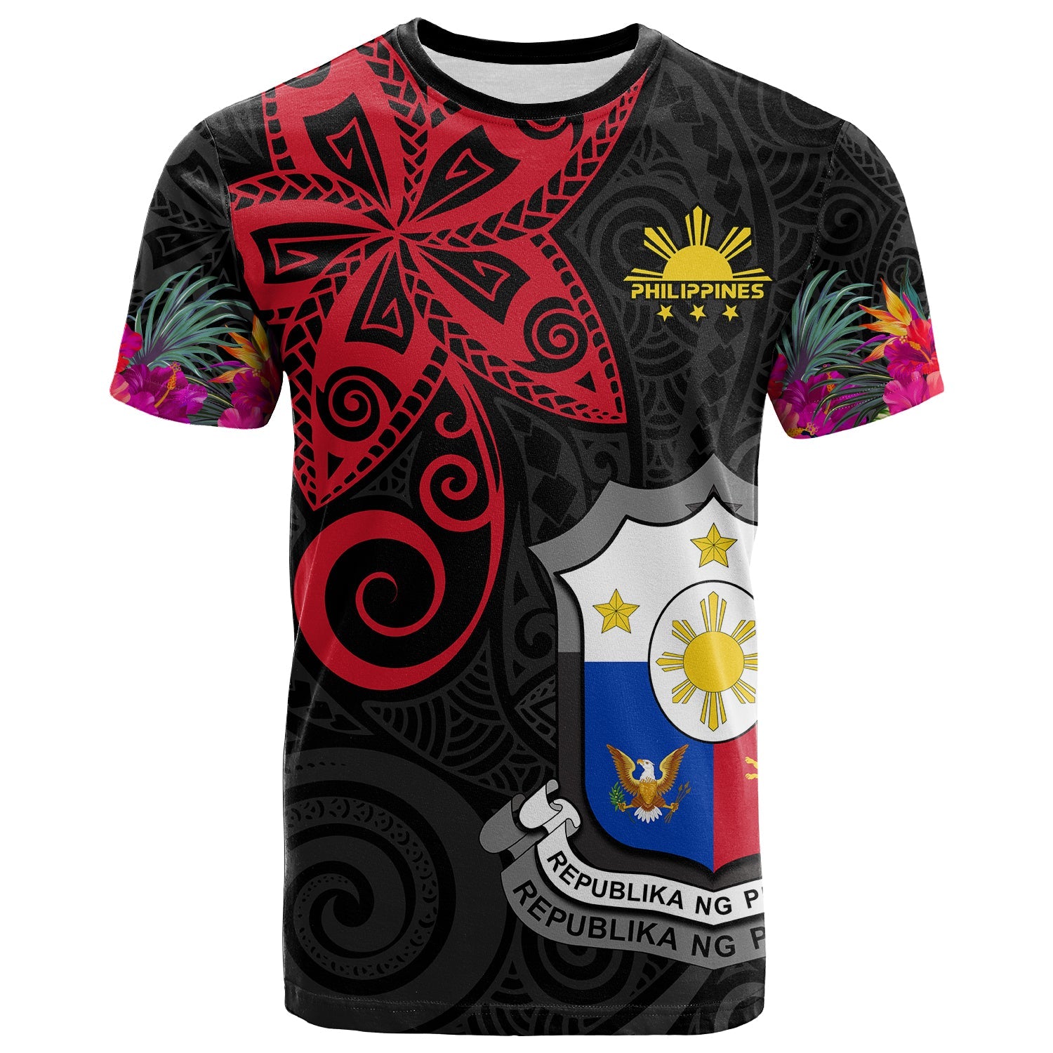 Custom Philippines T Shirt Sun Filipino Polynesian mix Flowers Black Vibe LT13 Black - Polynesian Pride