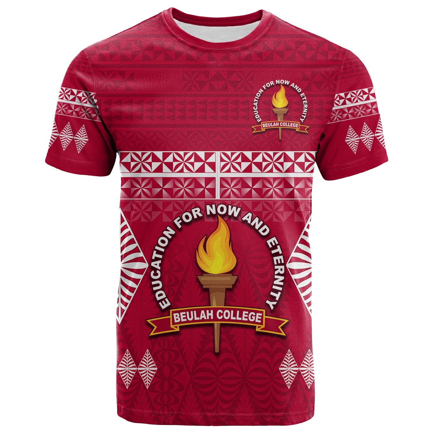 Beulah College T Shirt Ngatu Pattern Tonga LT13 Maroon - Polynesian Pride