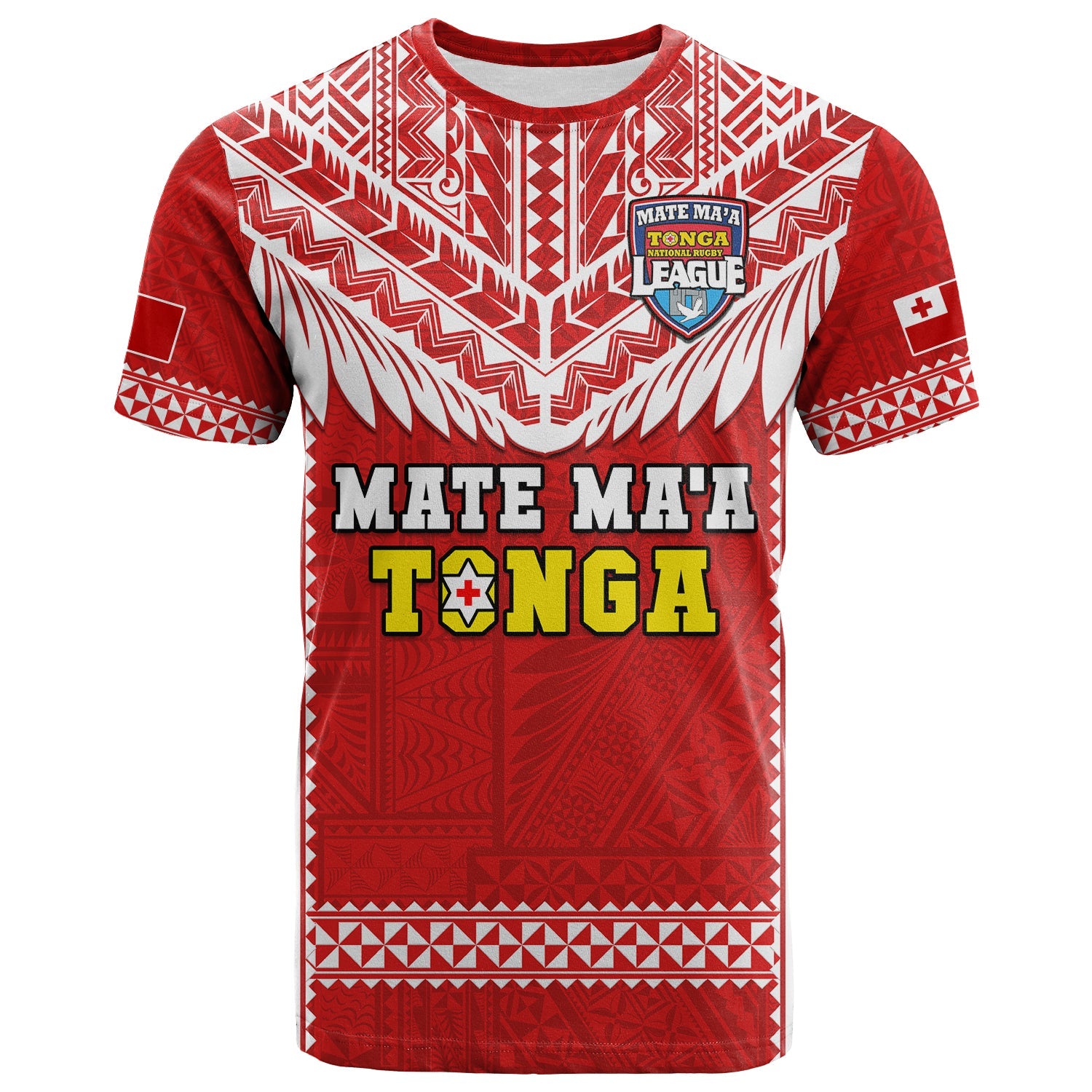 Tonga Rugby T Shirt Mate Maa Tonga Pacific Ngatu White LT14 Adult Red - Polynesian Pride