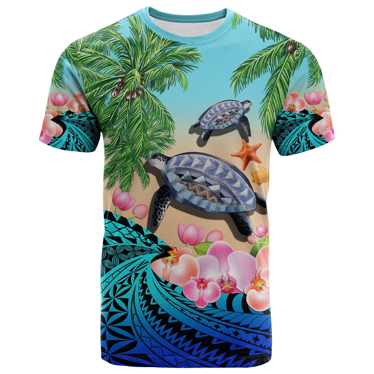 Polynesian Turtle Coconut Tree And Orchids T Shirt LT14 Adult Blue - Polynesian Pride