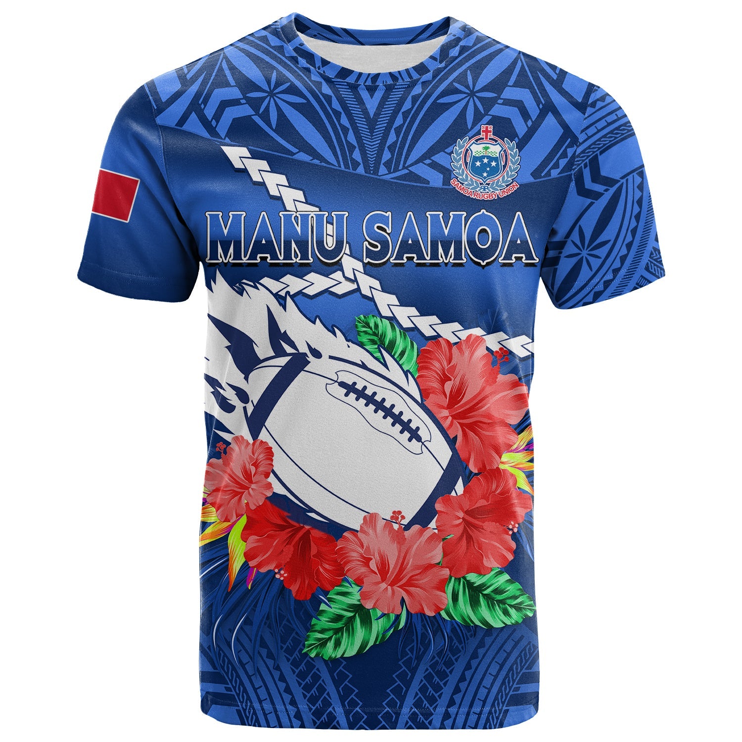 Samoa Rugby T Shirt Manu Samoa Polynesian Hibiscus Blue Style LT14 Adult Blue - Polynesian Pride