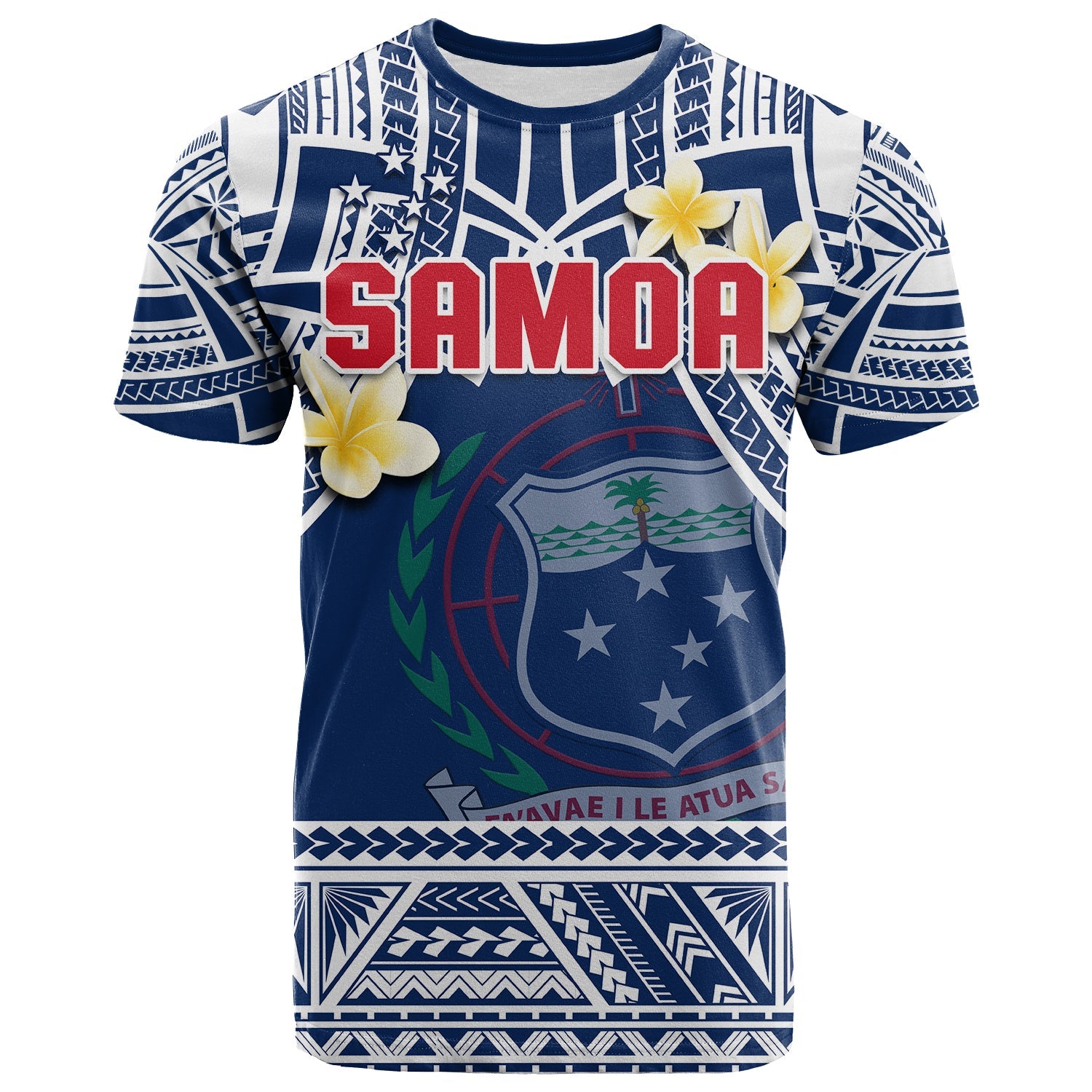 Samoa T Shirt Samoan Plumeria Flowers Mix Polynesian Pattern LT14 Adult Blue - Polynesian Pride