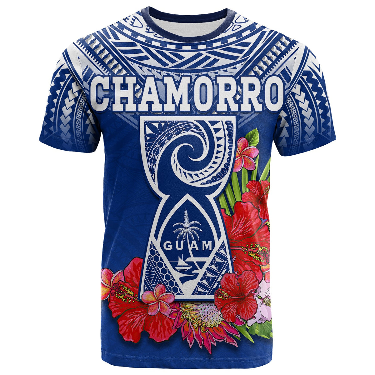 Custom Guam Chamorro T Shirt Guaman Latte Stone Tropical Flowers Blue Version LT14 - Polynesian Pride