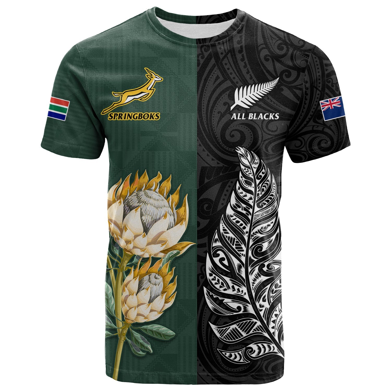 South Africa Protea and New Zealand Fern T Shirt Rugby Go Springboks vs All Black LT13 Art - Polynesian Pride