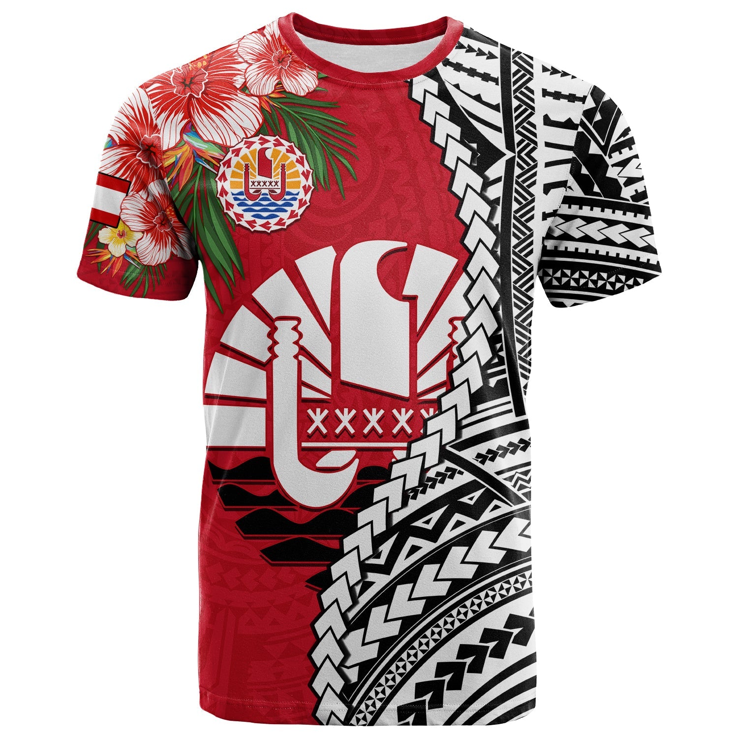 Tahiti Islands T Shirt Polynesian Shark Mix Tropical Flowers LT14 Adult Red - Polynesian Pride