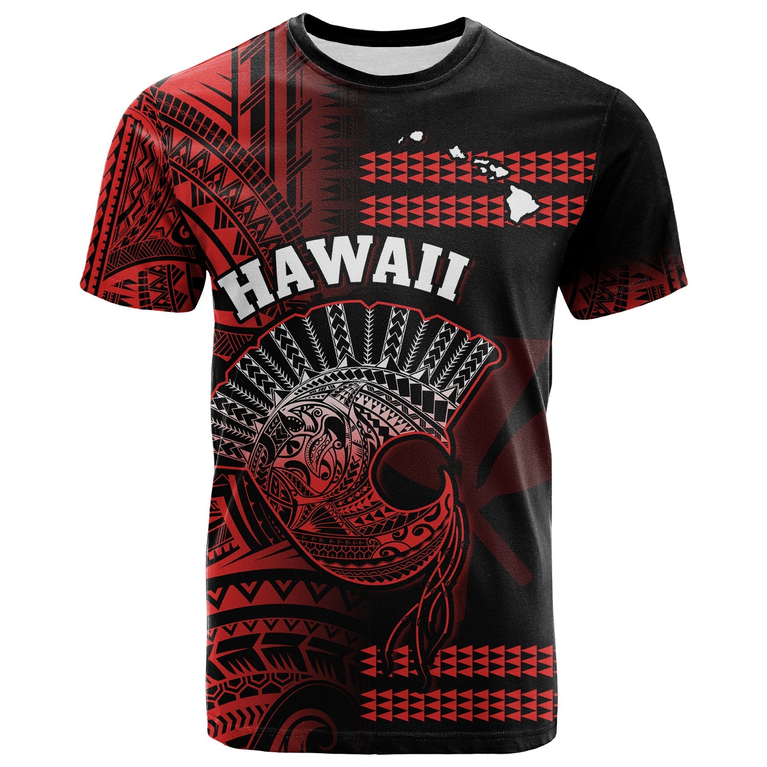 Hawaii T Shirt Kakau Warrior Helmet Gradient Red Polynesian LT14 Red - Polynesian Pride