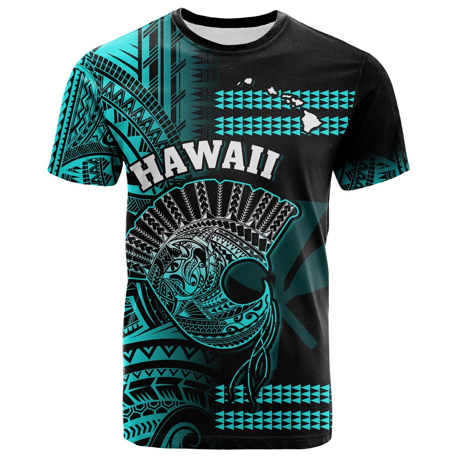 Hawaii T Shirt Kakau Warrior Helmet Gradient Turquoise Polynesian LT14 Turquoise - Polynesian Pride
