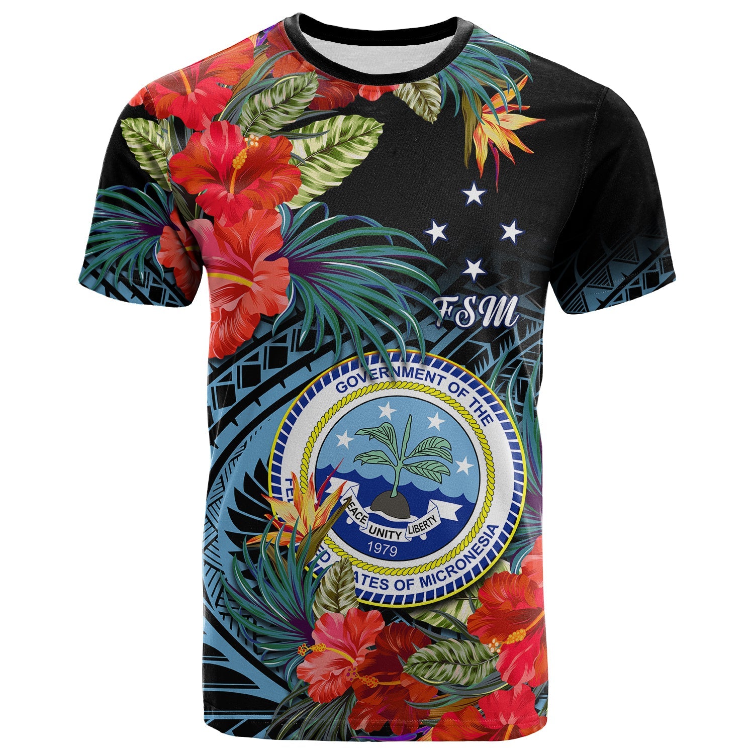 Federated States of Micronesia T Shirt Hibiscus Flowers FSM Seal Polynesian LT14 Black - Polynesian Pride