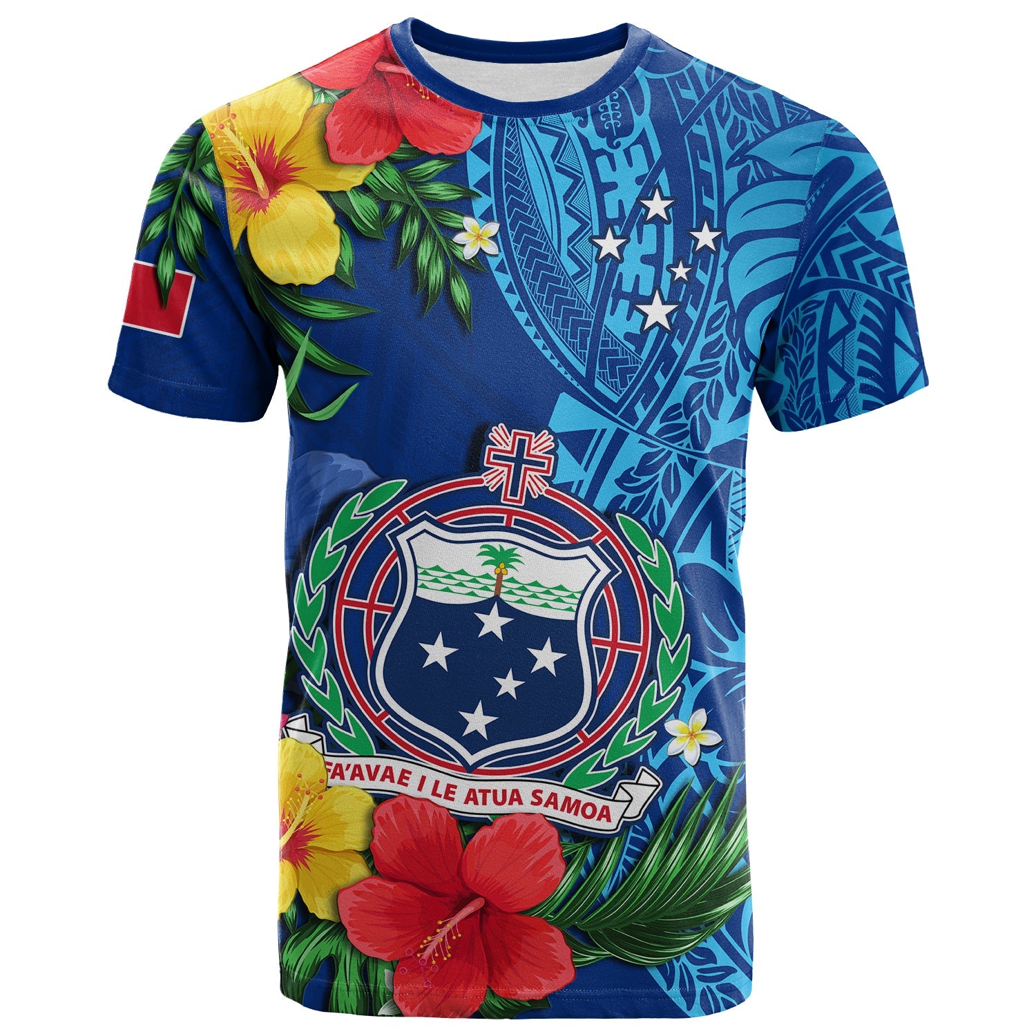 Samoa T Shirt Coat of Arms Mix Tropical Flowers LT14 Blue - Polynesian Pride