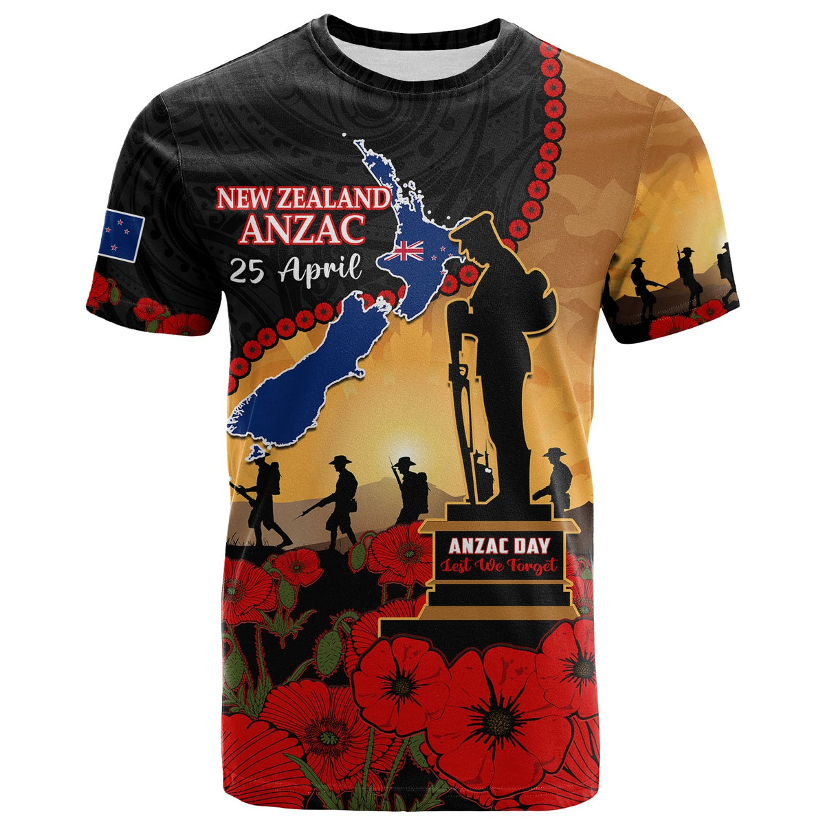 Custom New Zealand Anzac T Shirt Maori Camouflage Mix Poppies We Will Remember Them LT14 - Polynesian Pride