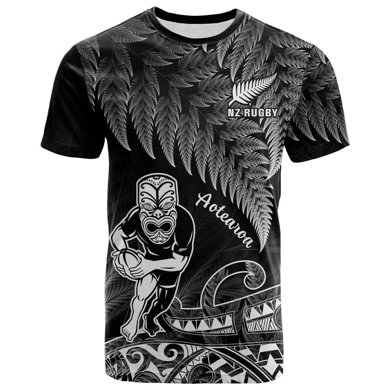 (Custom Text and Number) New Zealand Silver Fern Rugby T Shirt All Black Koru Maori LT14 Black - Polynesian Pride