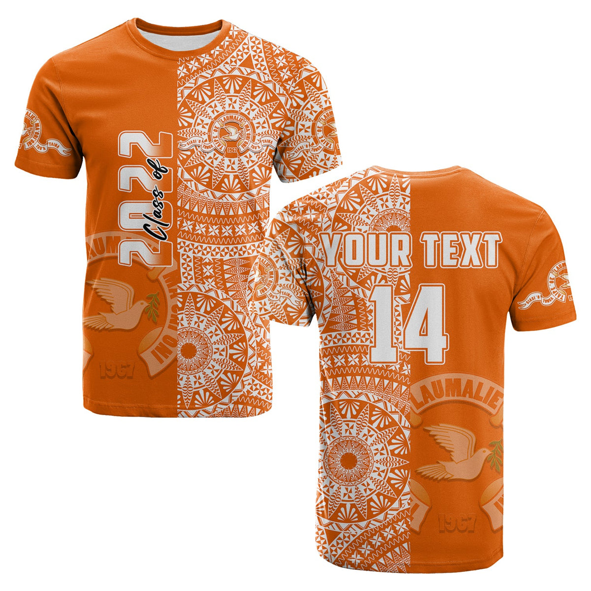 (Custom Text and Number) Tailulu Tonga College T Shirt Class of Year Tongan Ngatu Pattern LT14 Adult Orange - Polynesian Pride