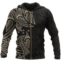 New Zealand Maori Zip Hoodie, Ta Moko Tattoo Full Zip Hoodie Tan Unisex Black - Polynesian Pride