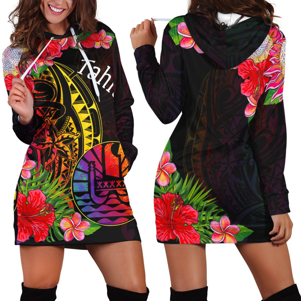 Tahiti Hoodie Dress - Tropical Hippie Style Black - Polynesian Pride