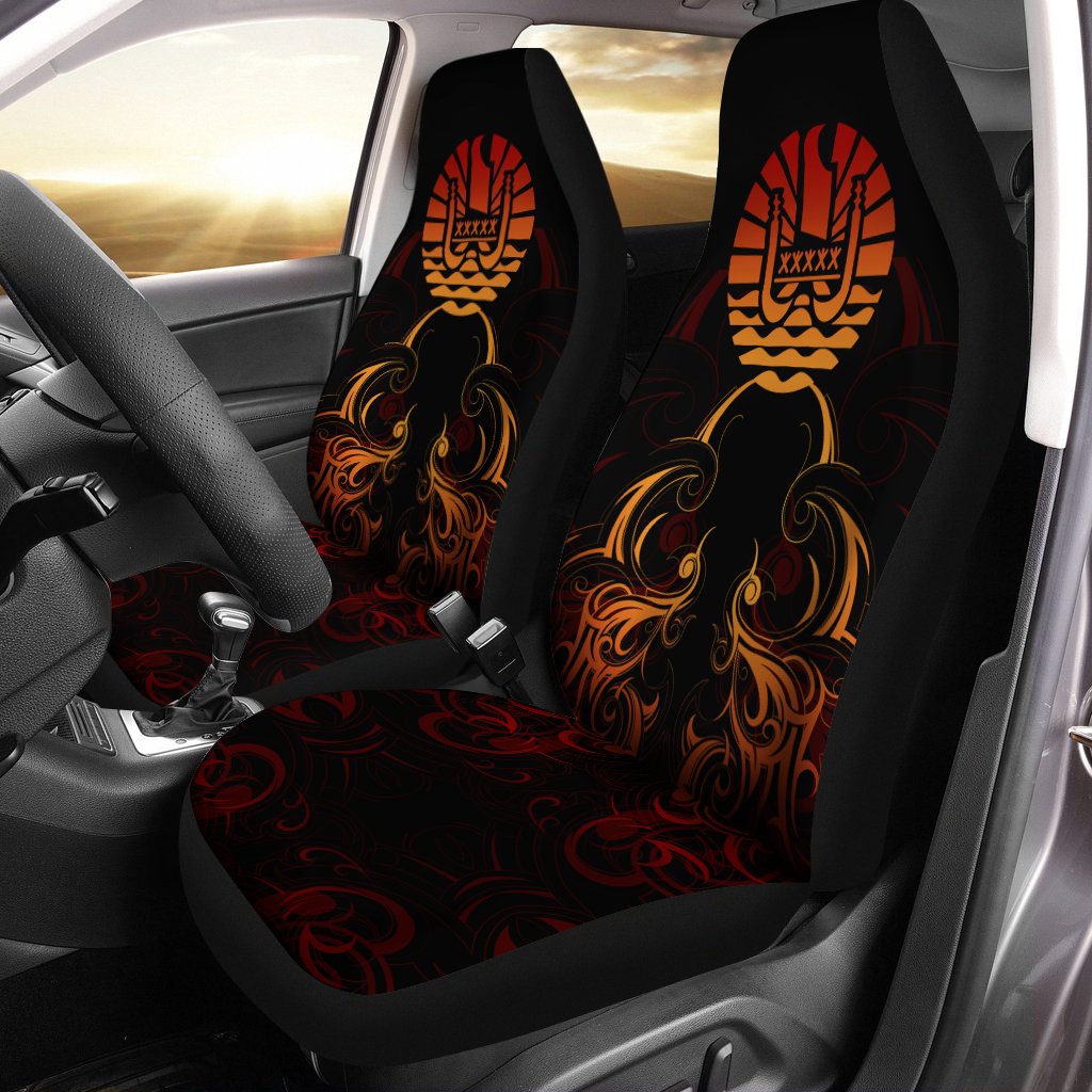 Tahiti Car Seat Cover - Coat Of Arms With Tribal Pattern Universal Fit Red - Polynesian Pride