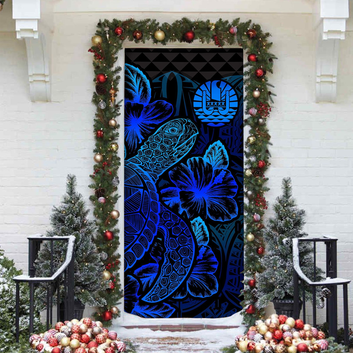 Tahiti Door Cover Turtle Hibiscus Blue - Polynesian Pride