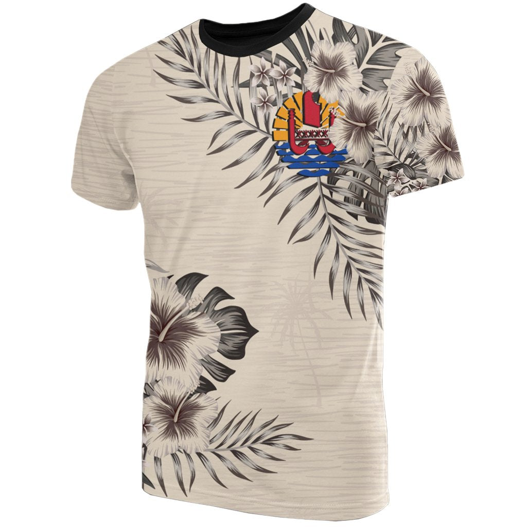 Tahiti T Shirt Tahiti FLag Beige Hibiscus Unisex Beige - Polynesian Pride