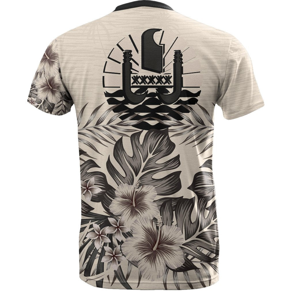 Tahiti T Shirt Tahiti FLag Beige Hibiscus - Polynesian Pride