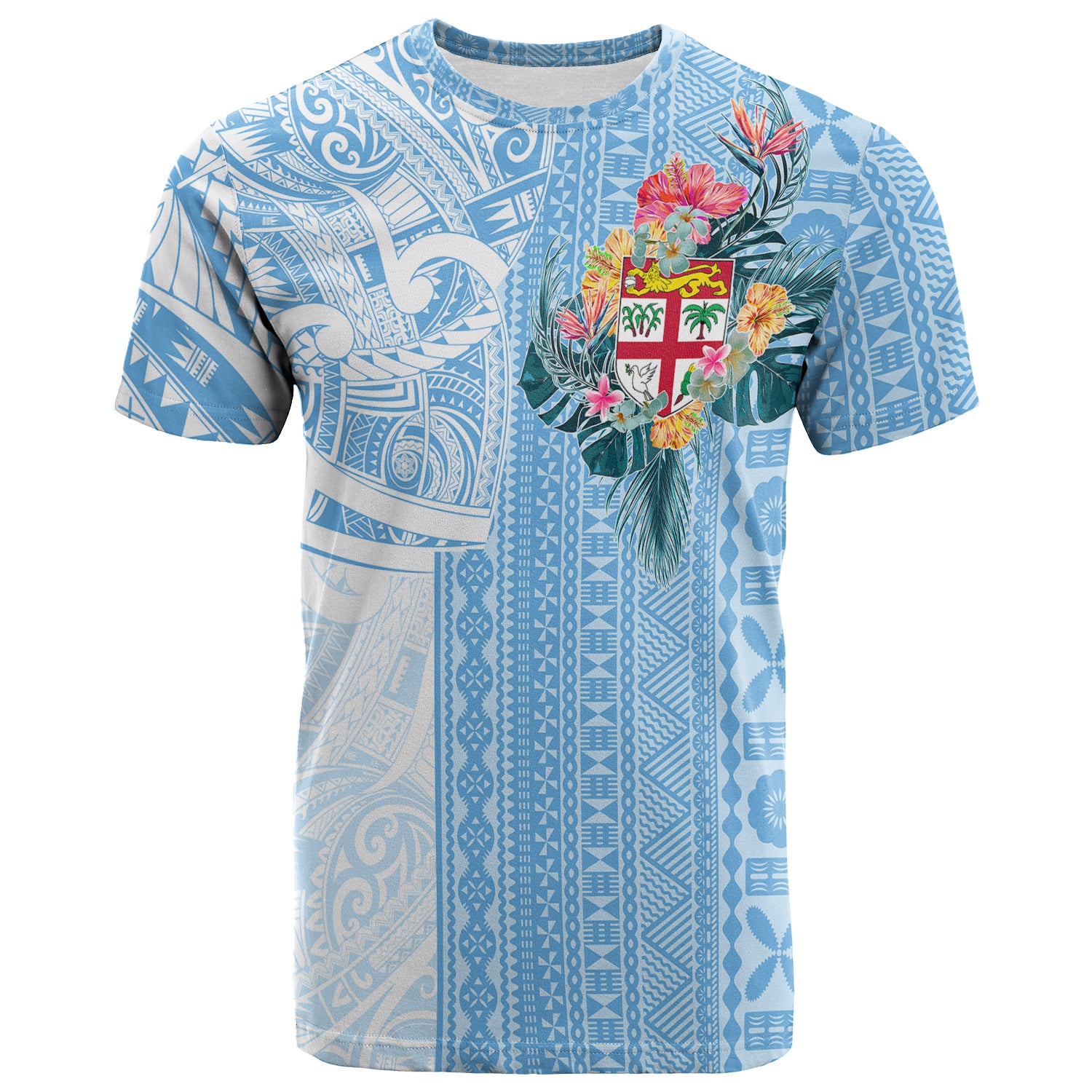 Fiji Tapa Pattern with Hibiscus T Shirt Fiji In My Heart LT7 Cerulean - Polynesian Pride