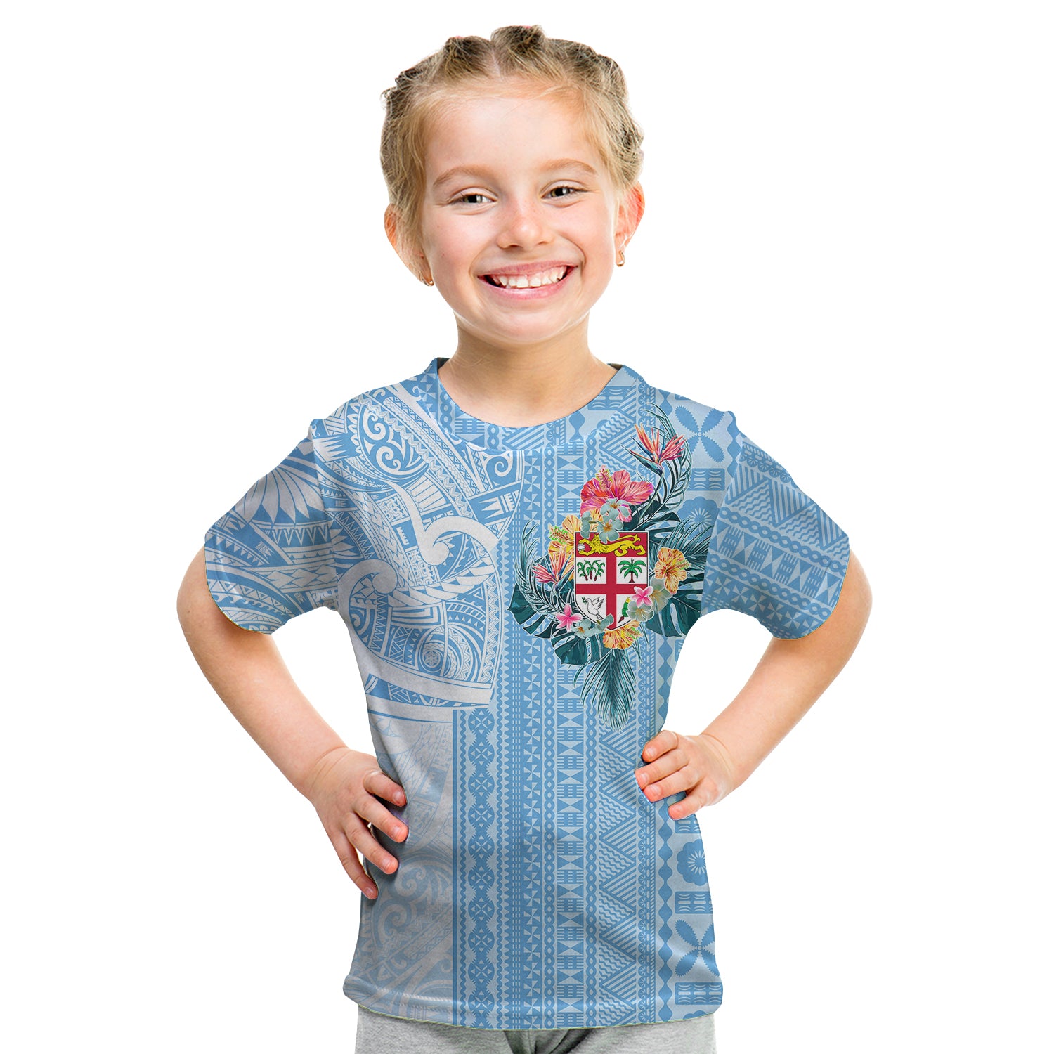 Fiji Tapa Pattern With Hibiscus Kid T Shirt - Fiji In My Heart LT7 - Polynesian Pride