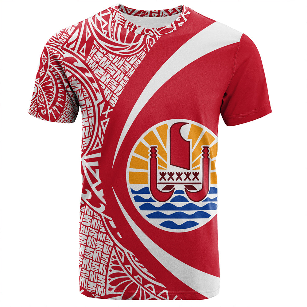 French Polynesia T Shirt Coat of Arm Lauhala Circle Red - Polynesian Pride