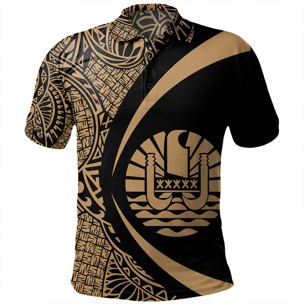 French Polynesia Polo Shirt Coat Of Arm Lauhala Gold Circle Gold - Polynesian Pride