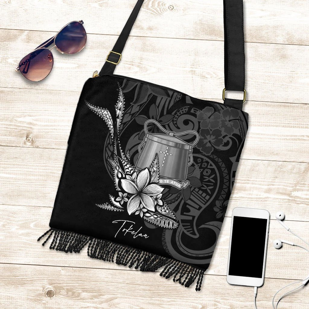 Tokelau Boho Handbag - Fish With Plumeria Flowers Style One Size Boho Handbag Black - Polynesian Pride