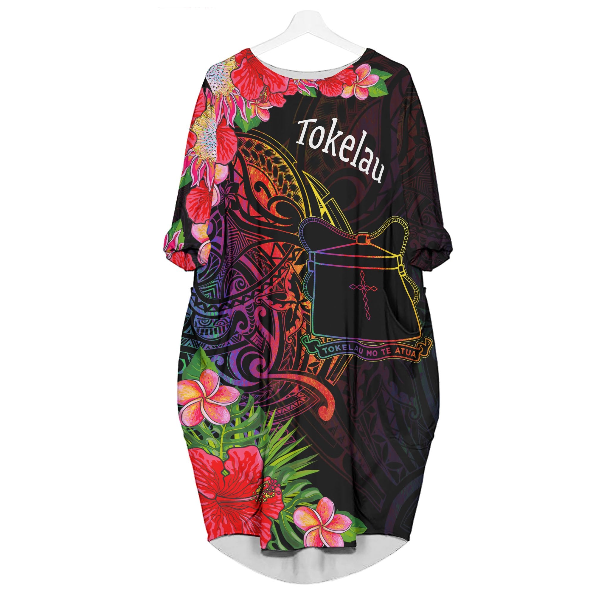 Tokelau Batwing Pocket Dress - Tropical Hippie Style Women Black - Polynesian Pride