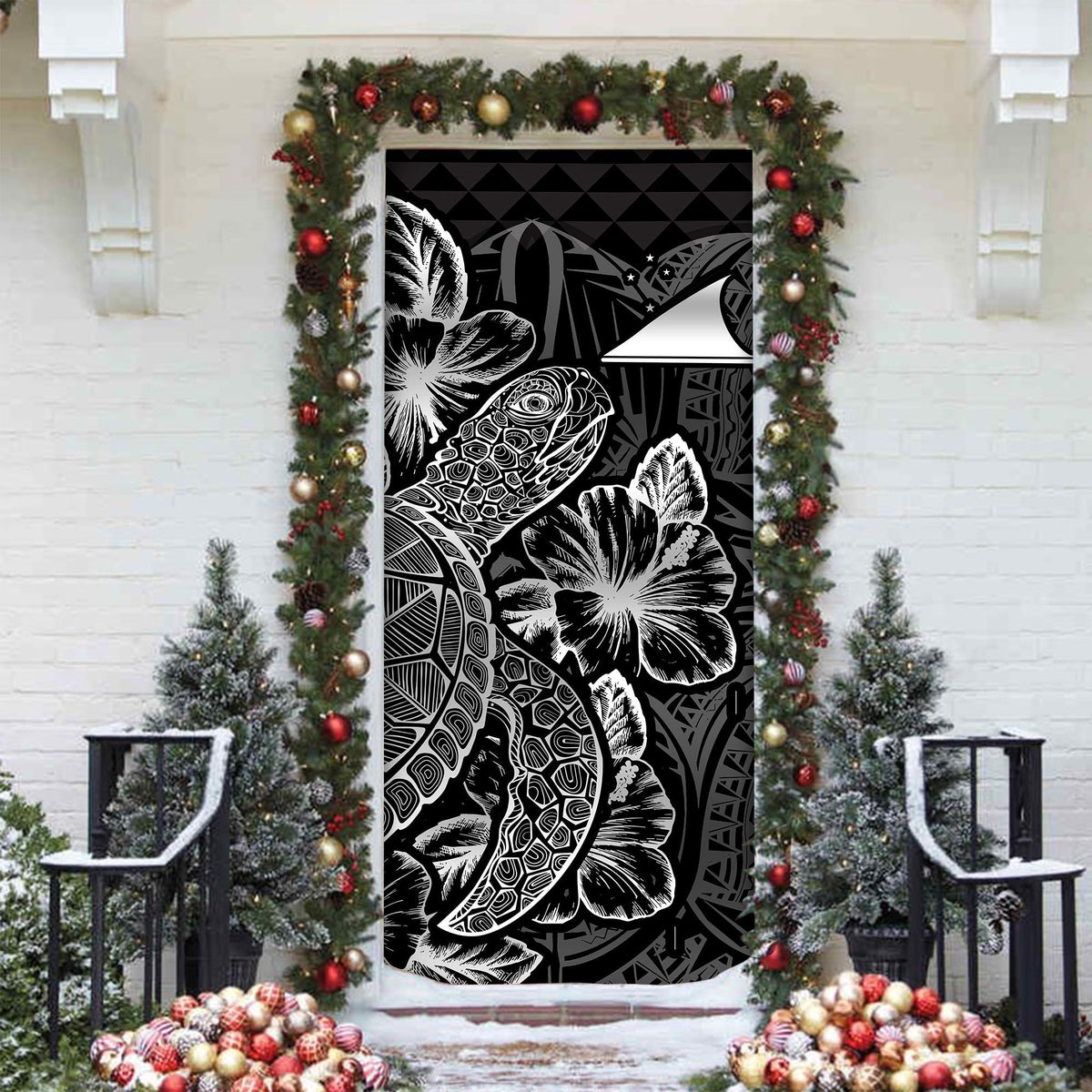 Tokelau Door Cover Turtle Hibiscus Black - Polynesian Pride