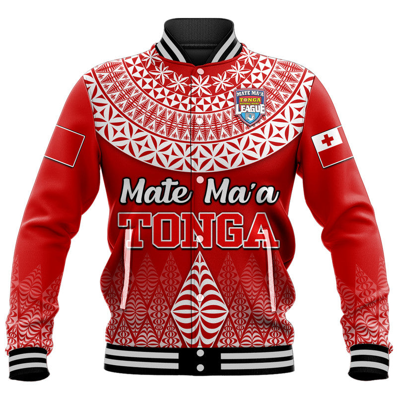 (Custom Personalised) Mate Ma'a Tonga Rugby Baseball Jacket Tongan Kupesi Ngatu Style LT9 Unisex Red - Polynesian Pride