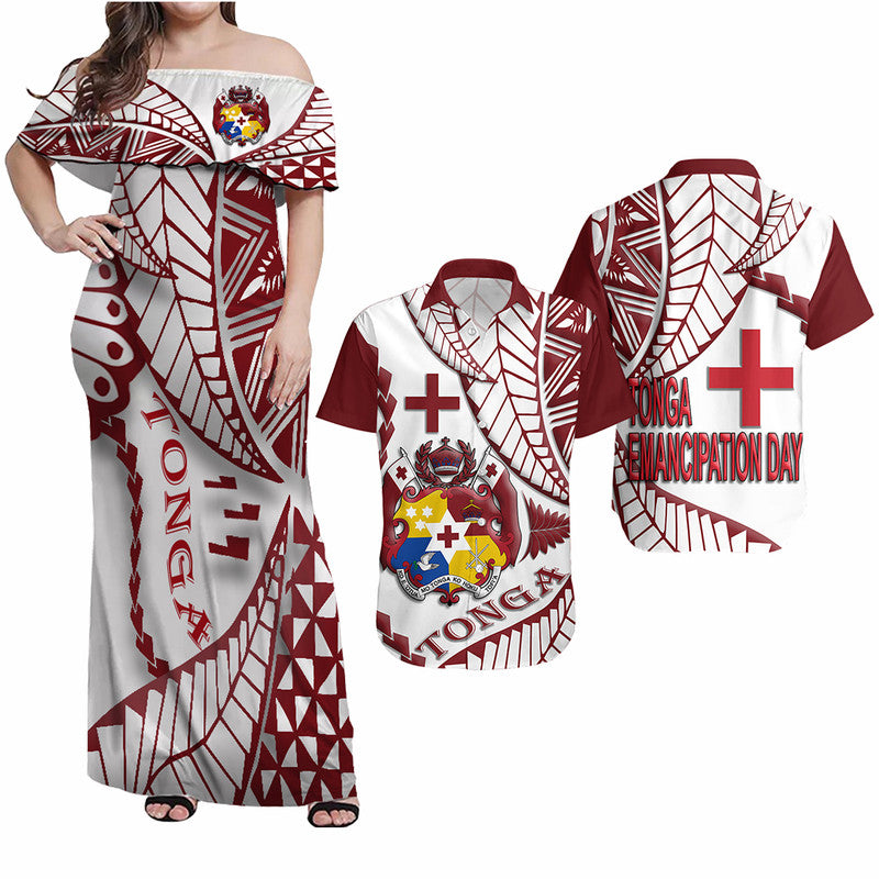 Tonga Emancipation Day Matching Dress and Hawaiian Shirt Kupesi Pattern No.1 White LT9 White - Polynesian Pride