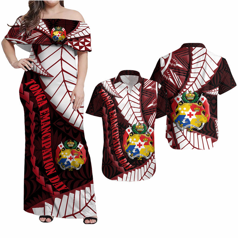 Tonga Emancipation Day Matching Dress and Hawaiian Shirt Kupesi Pattern No.2 Black LT9 Black - Polynesian Pride
