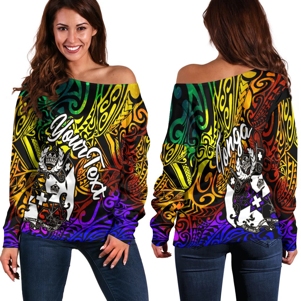 Tonga Custom Personalised Women's Off Shoulder Sweater - Rainbow Polynesian Pattern Art - Polynesian Pride