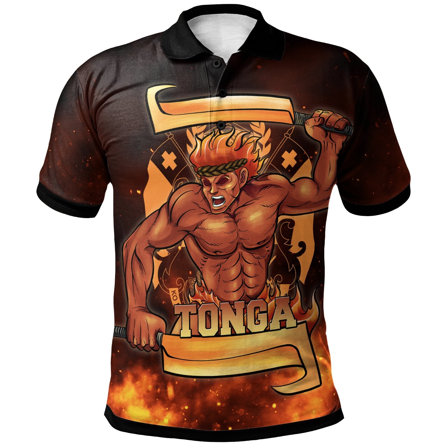 Tonga Polo Shirt The Fire Knife Dance Unisex Black - Polynesian Pride