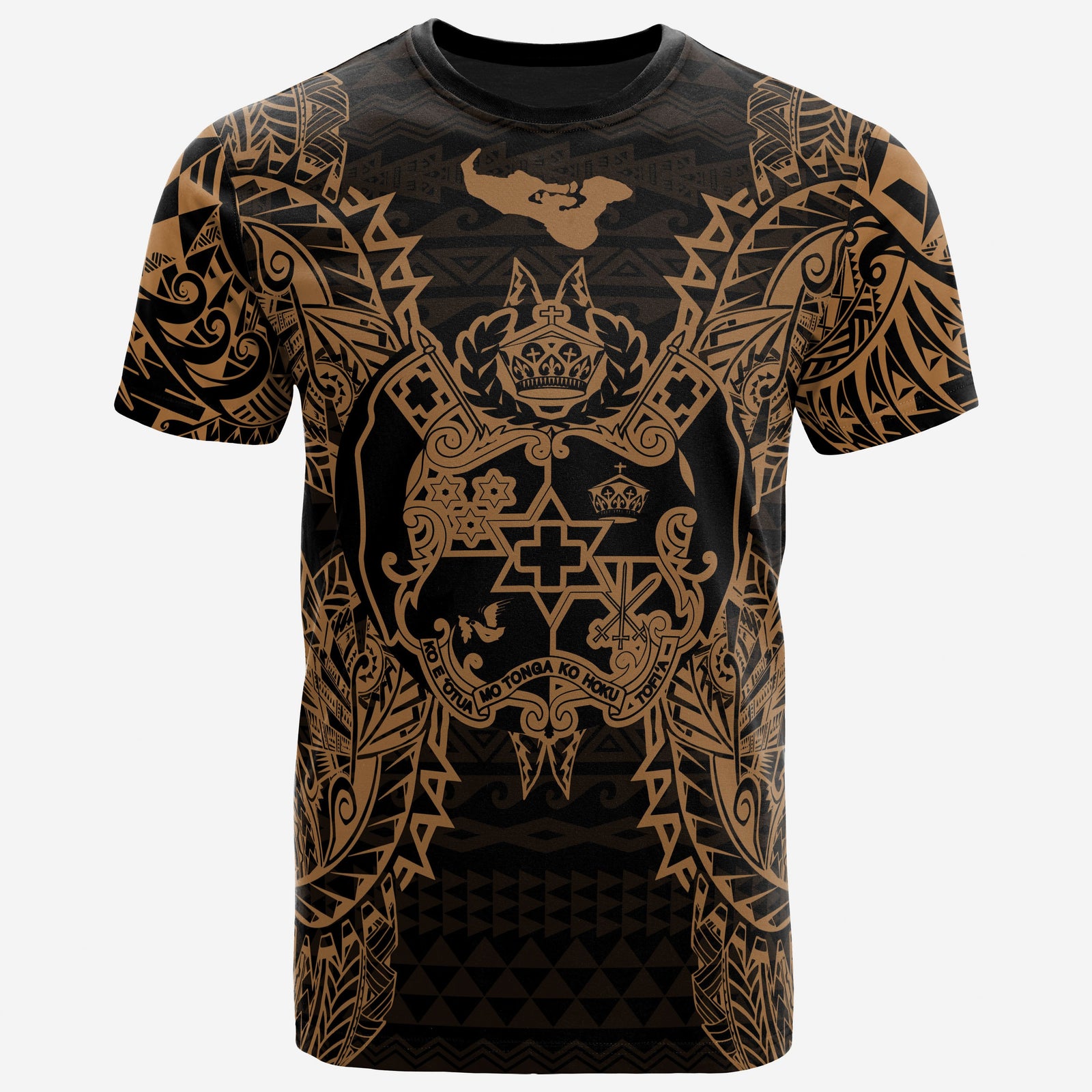 Tonga T Shirt Tonga Coat of Arms Map Polynesian Tattoo Gold Unisex Gold - Polynesian Pride