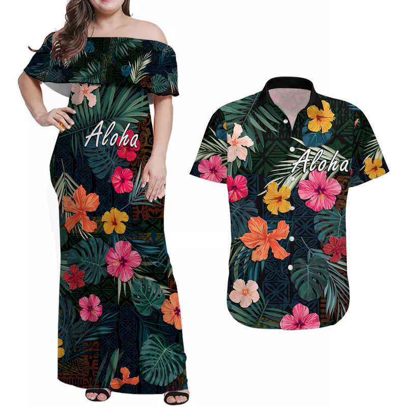 Hawaii Couple Outfits Hawaii Matching Dress and Hawaiian Shirt Tribal Elements And Hibiscus Version LT9 Green - Polynesian Pride