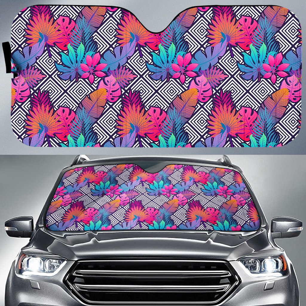 Tropical Exotic Leaves And Flowers On Geometrical Ornament. Hawaii Car Sun Shade Auto Sun Shade Universal Fit White - Polynesian Pride