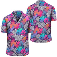 Tropical Exotic Leaves And Flowers On Geometrical Ornament Hawaiian Shirt Unisex Black - Polynesian Pride