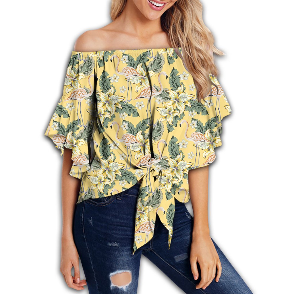 Tropical Flamingo Yellow Women's Off Shoulder Wrap Waist Top - AH - Polynesian Pride