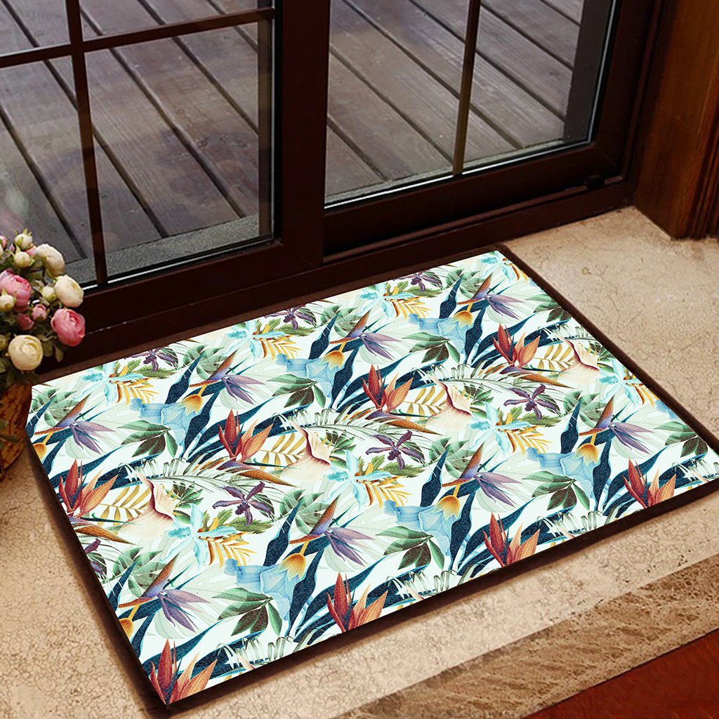 Tropical Flower, Plant And Leaf Pattern Hawaii Door Mat Door Mat Black - Polynesian Pride
