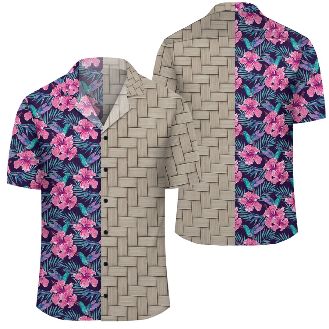 Tropical Flowers With Hummingbirds Palm Leaves Lauhala Moiety Hawaiian Shirt Unisex Art - Polynesian Pride